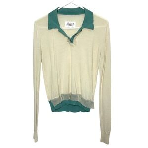 Maison Margiela Womens Fine-Knit Wool Long-Sleeve Polo Shirt Sm Cream teal AS IS